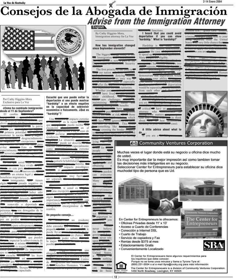 Image of erasure poetry created using an issue of the La Voz newspaper