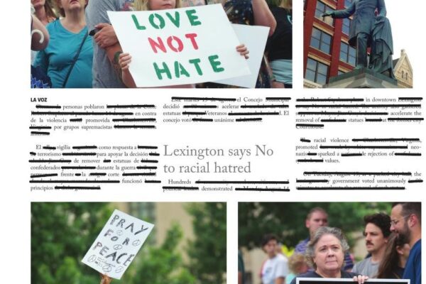 Newspaper article with words redacted and photos with people holding signs supporting immigrants