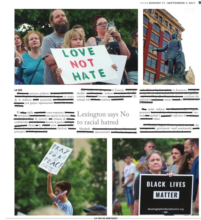 Newspaper article with words redacted and photos with people holding signs supporting immigrants