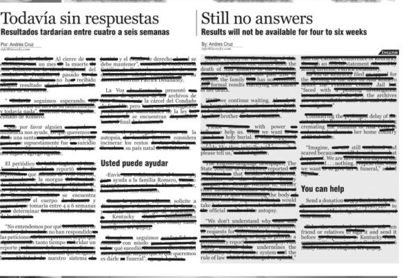 newspaper article with words redacted to create poem