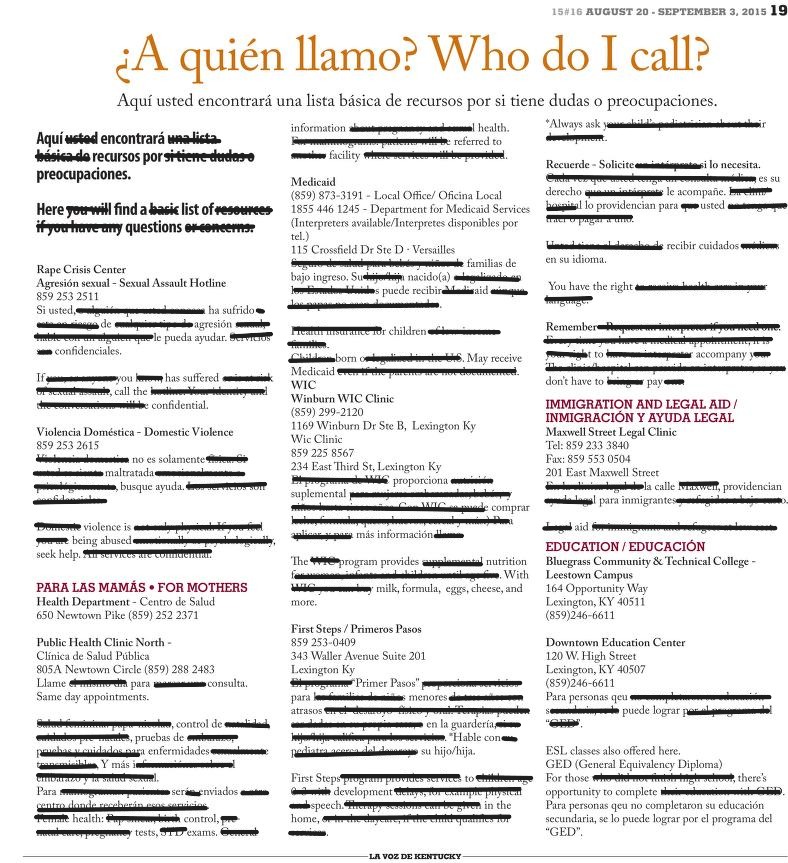 Newspaper article with words redacted to create poem